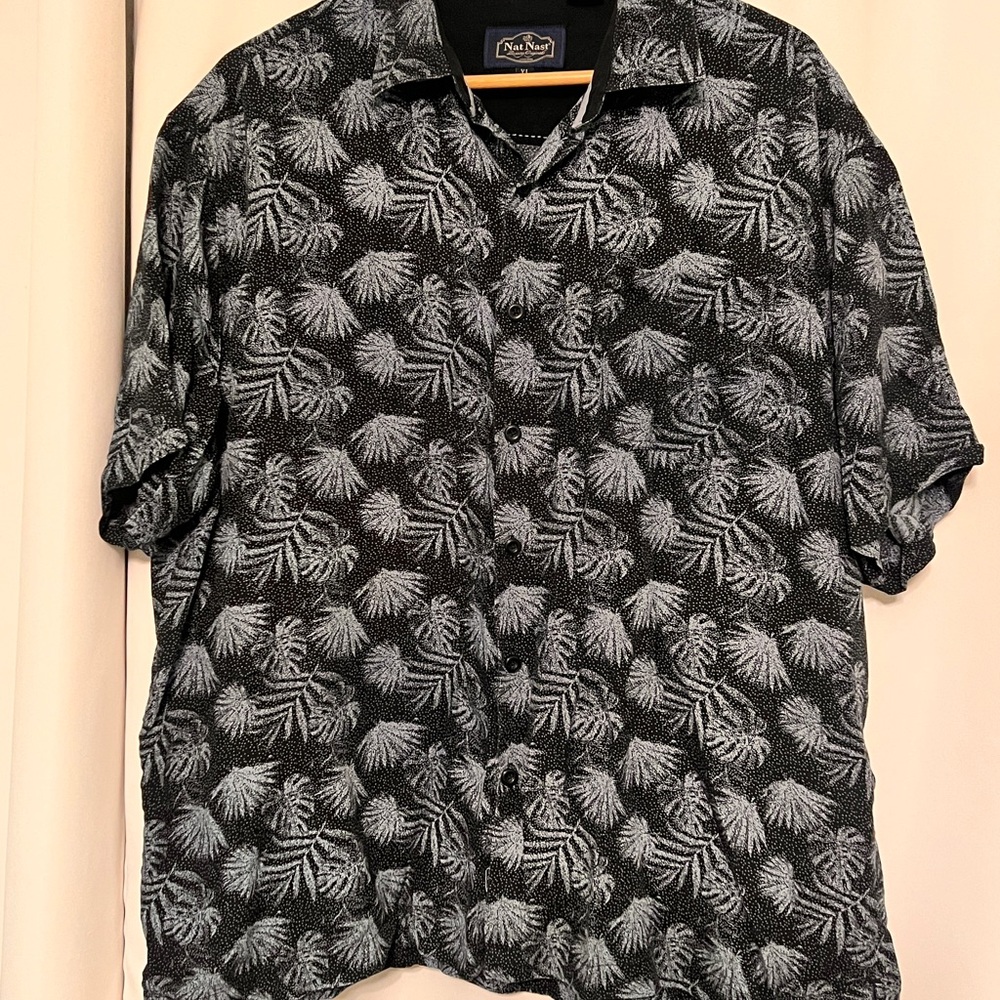 Nat Nast Black Shirt with blue Palm Leaf Print - silk and cotton blend